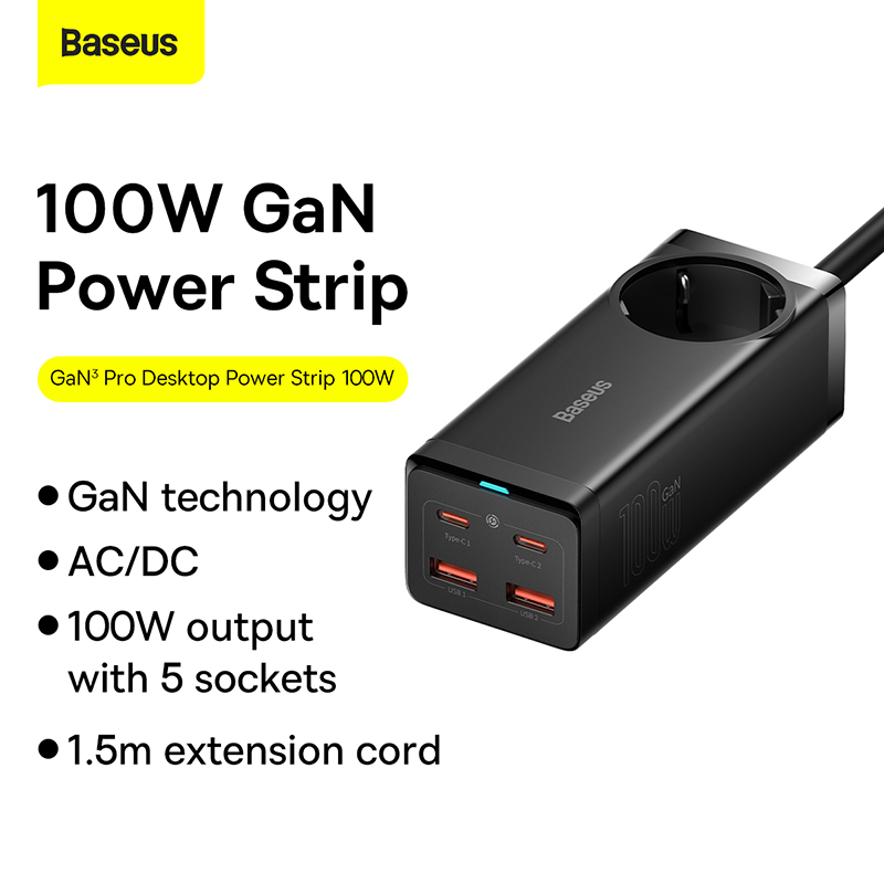 Baseus Chargeur de bureau AC+2U+2C 100W EU Noir Avec câble Mini blanc Type-C vers Type-C 100W/20V/5A -1m Noir- PSZM000401